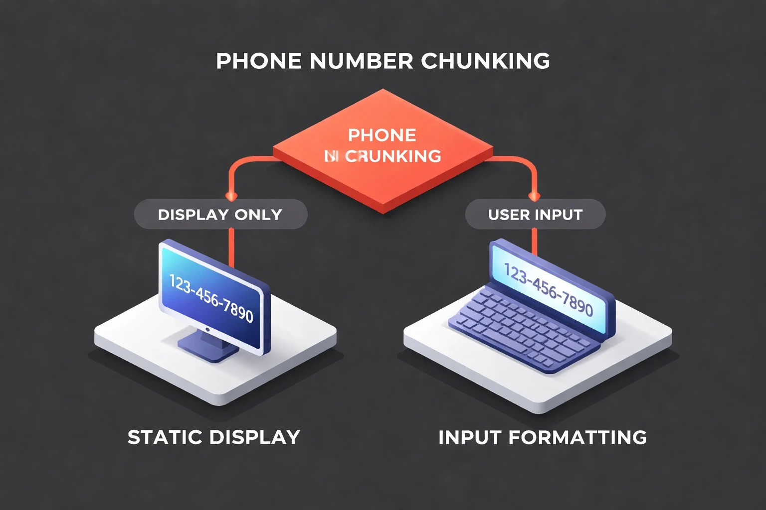 Isometric low‑poly flowchart comparing static display and input formatting for phone number chunking, with faceted icons and accent highlights on a dark background.