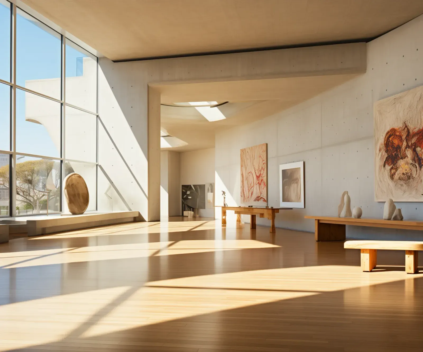 Minimalist gallery interior with concrete walls, wood floors, and natural light.