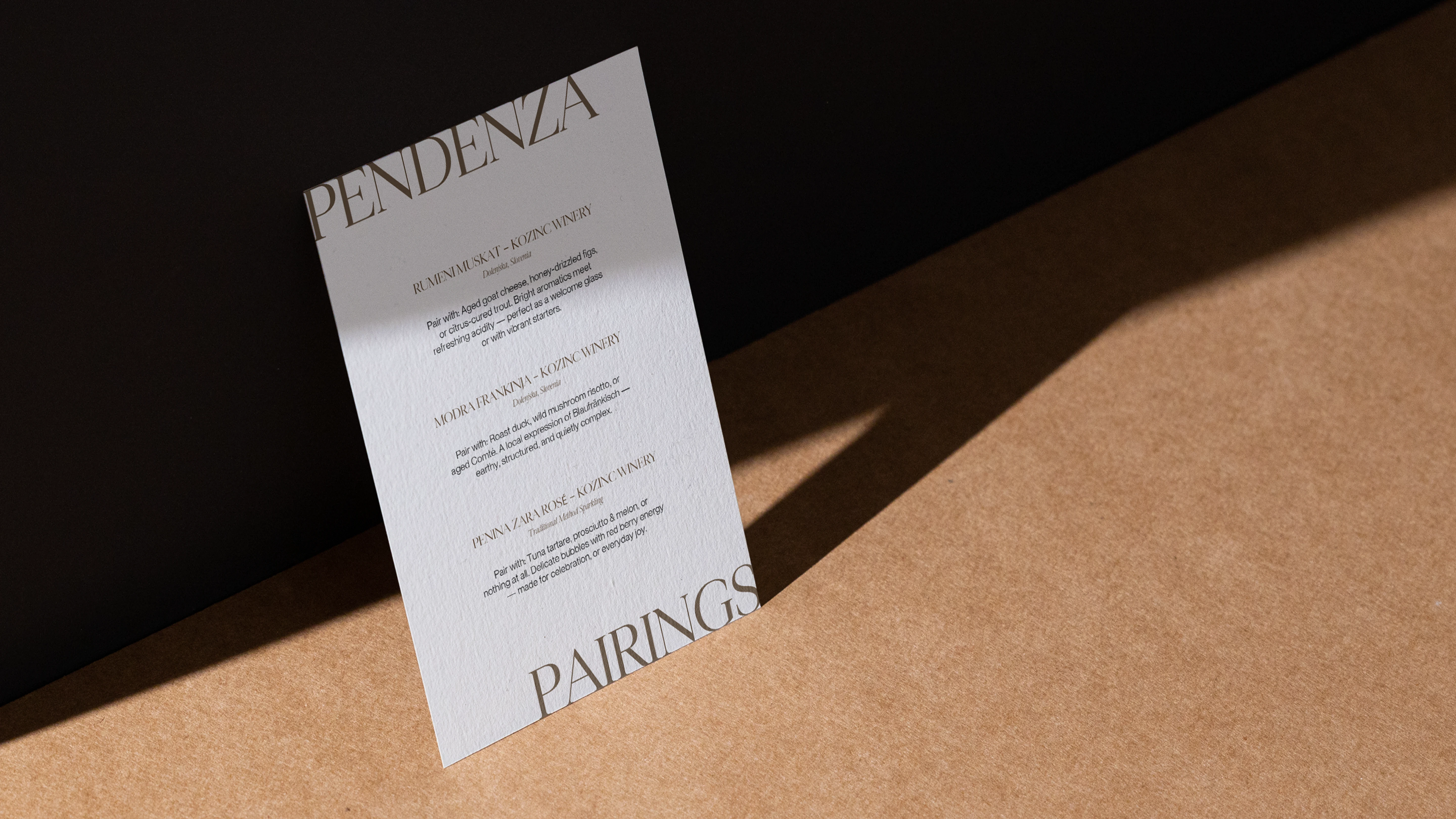 Pendenza Wine menu
