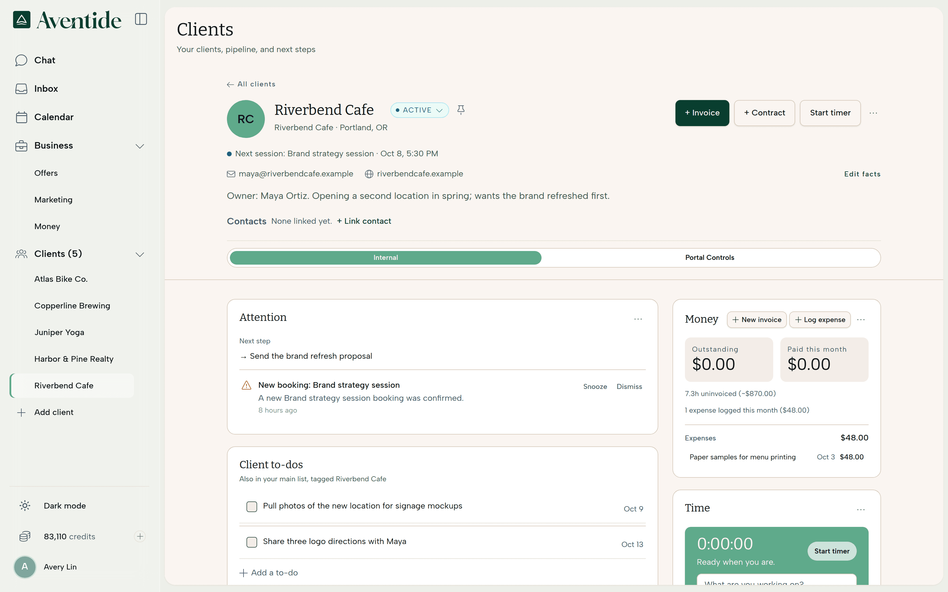 Aventide client room for Riverbend Cafe