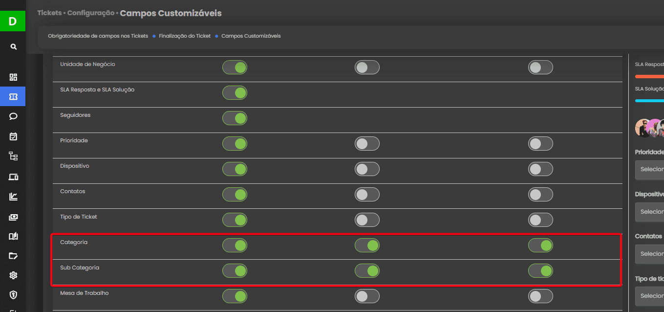 obrigatoriedade de selecionar Subcategorias nos tickets.