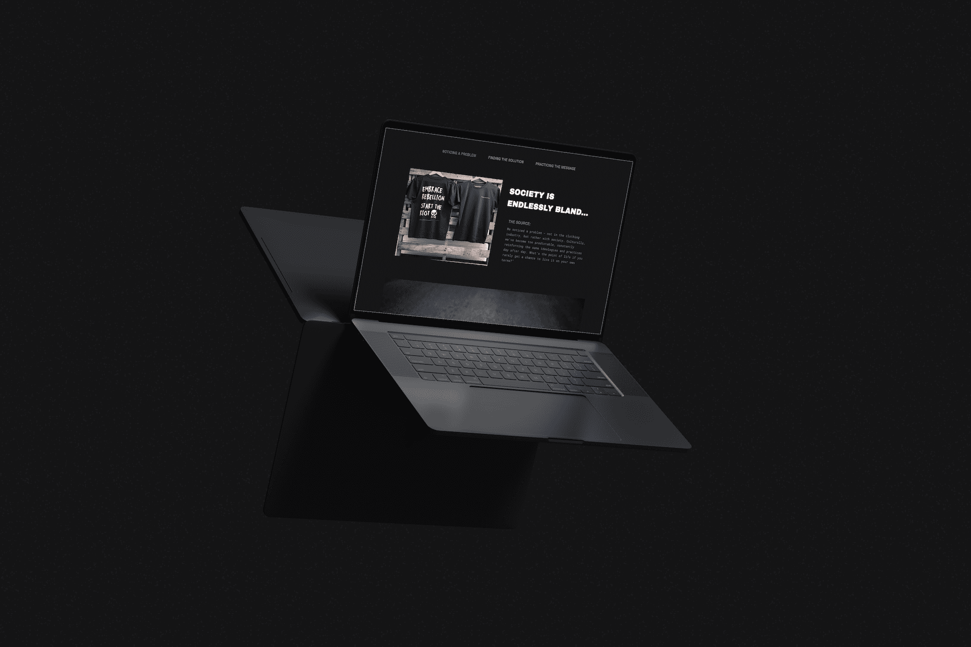 a floating laptop in a dark studio setting showcasing a website