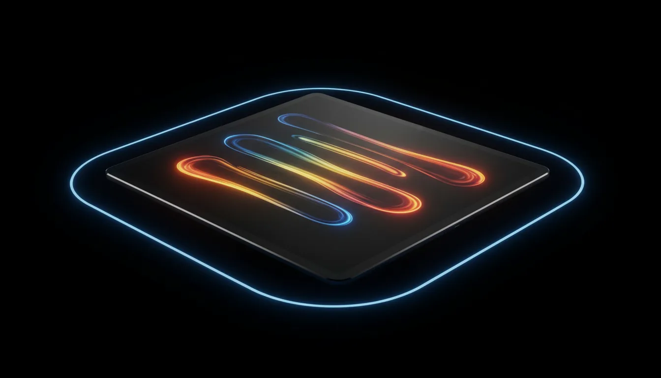Sleek 3D product render of a black tablet computer, similar to an iPad, presented at a low angle against a stark black background. Its screen is a deep, reflective black glass, featuring a stylized, abstract graphic of three viscous, flowing horizontal lines. The edges of these lines glow intensely with an emissive, chromatic light, blending vibrant shades of blue, yellow, and orange. The lighting is dark and moody, with the primary light source being the graphic on the screen. The composition is contained within a thin, glowing blue rounded rectangle frame. Blender style, minimalist, high-tech.