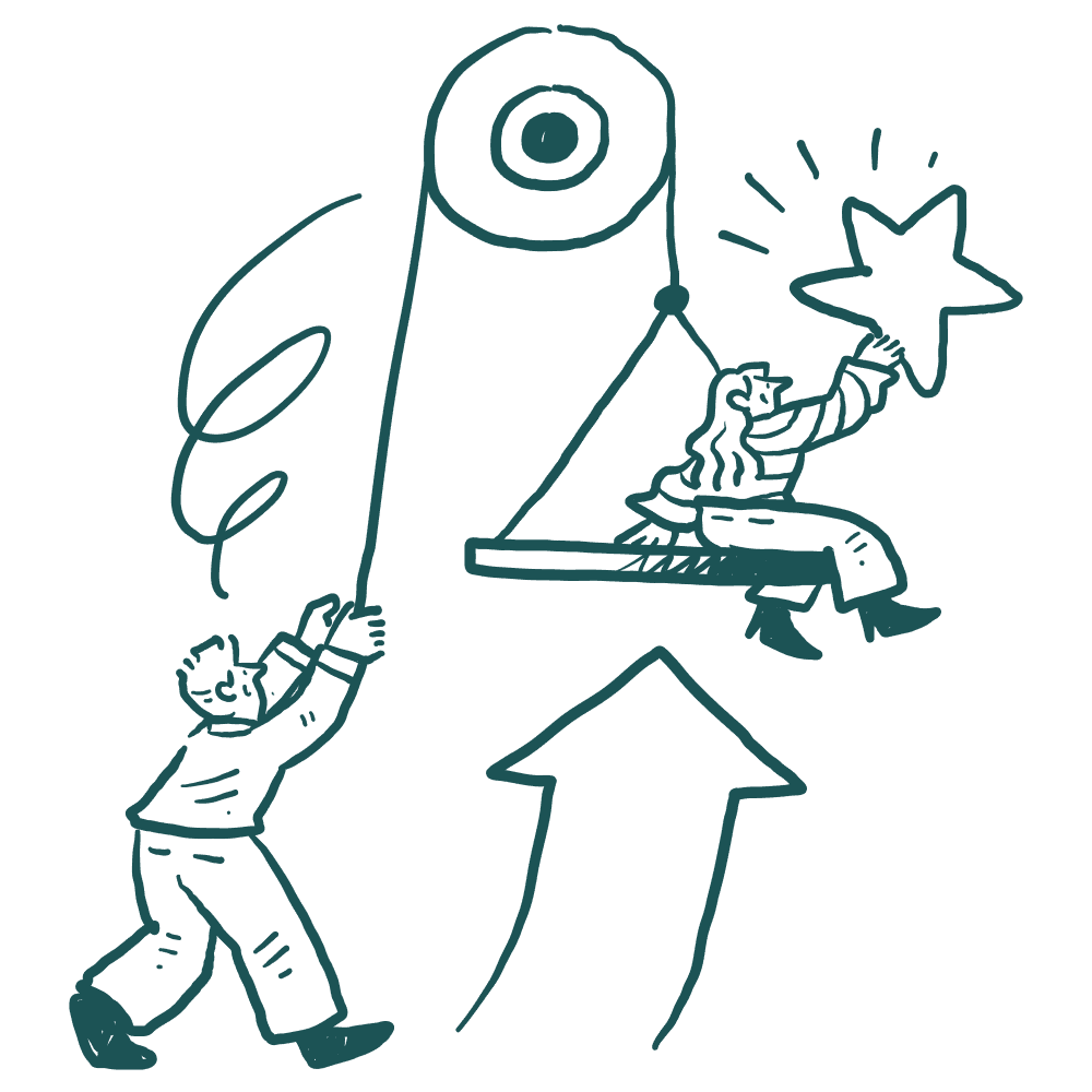 illustration of a man pulling a rope on a pully that is lifting a lady towards a star