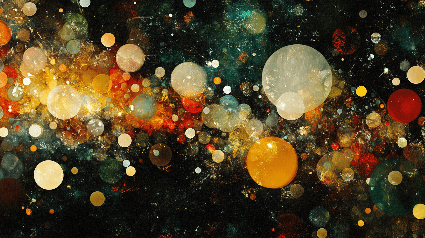 An abstract art with glassy effect, large circles, dark background and glossy colors