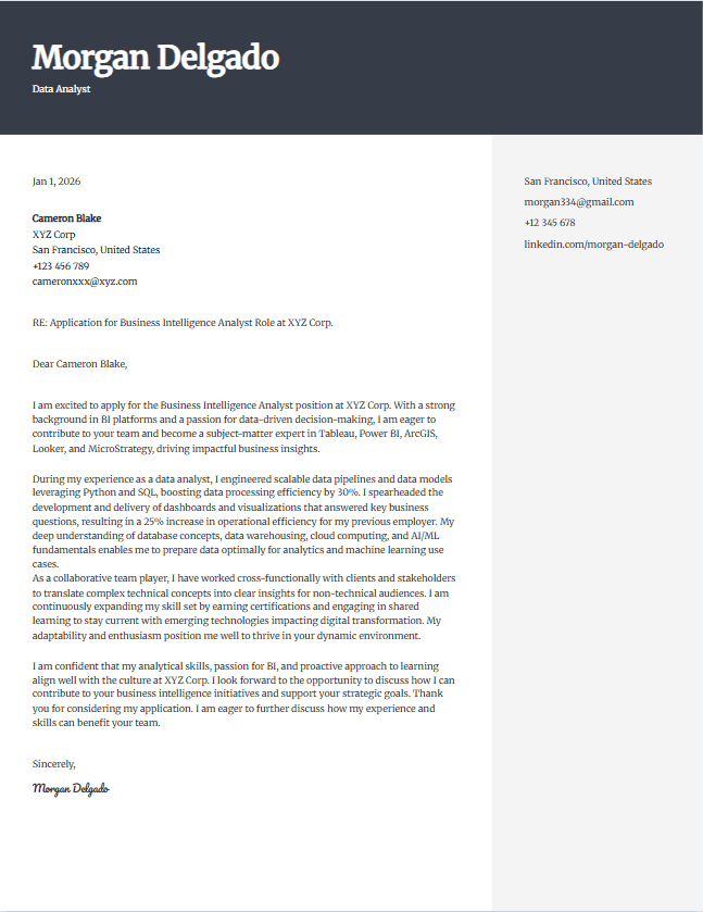 Cover letter example for data analyst