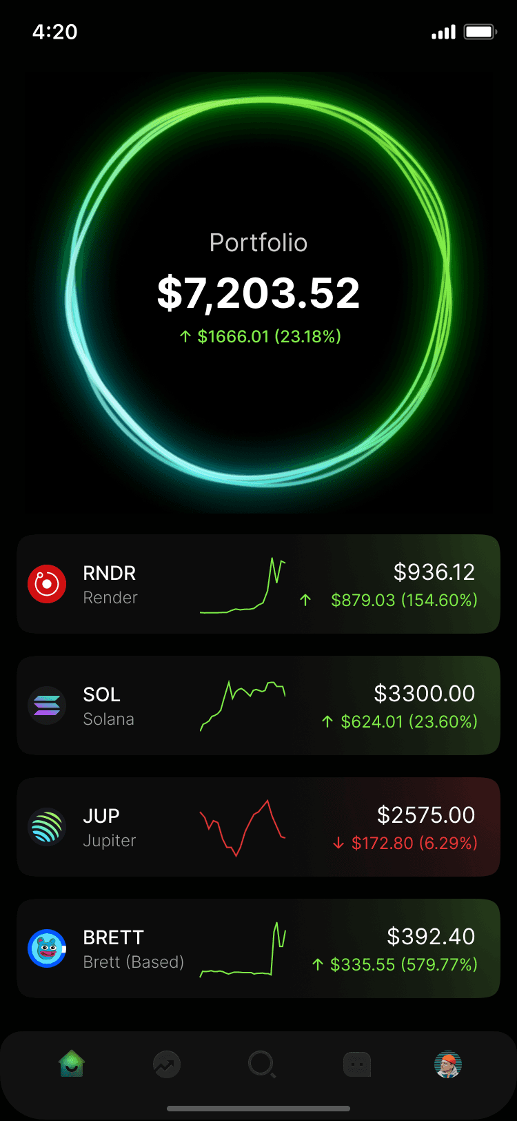 A mobile app screen displaying a cryptocurrency portfolio dashboard with a neon green circular progress indicator, portfolio value, and a list of assets with performance trends.
