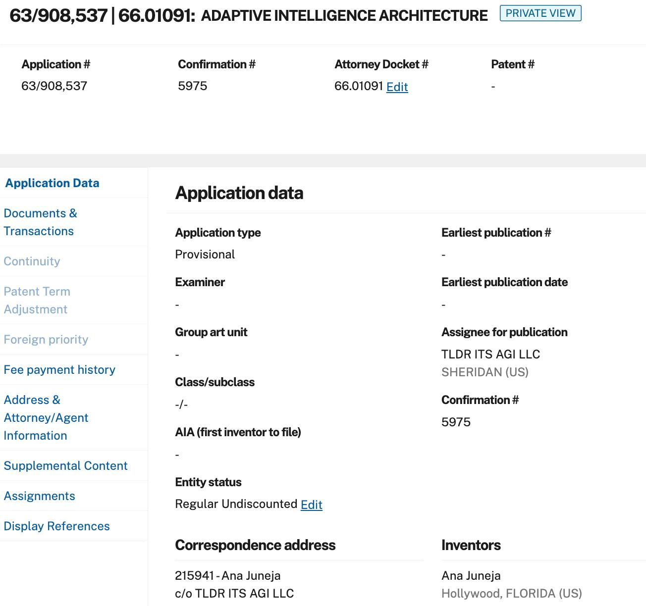 Screenshot of AIA provisional patent filing record from USPTO.