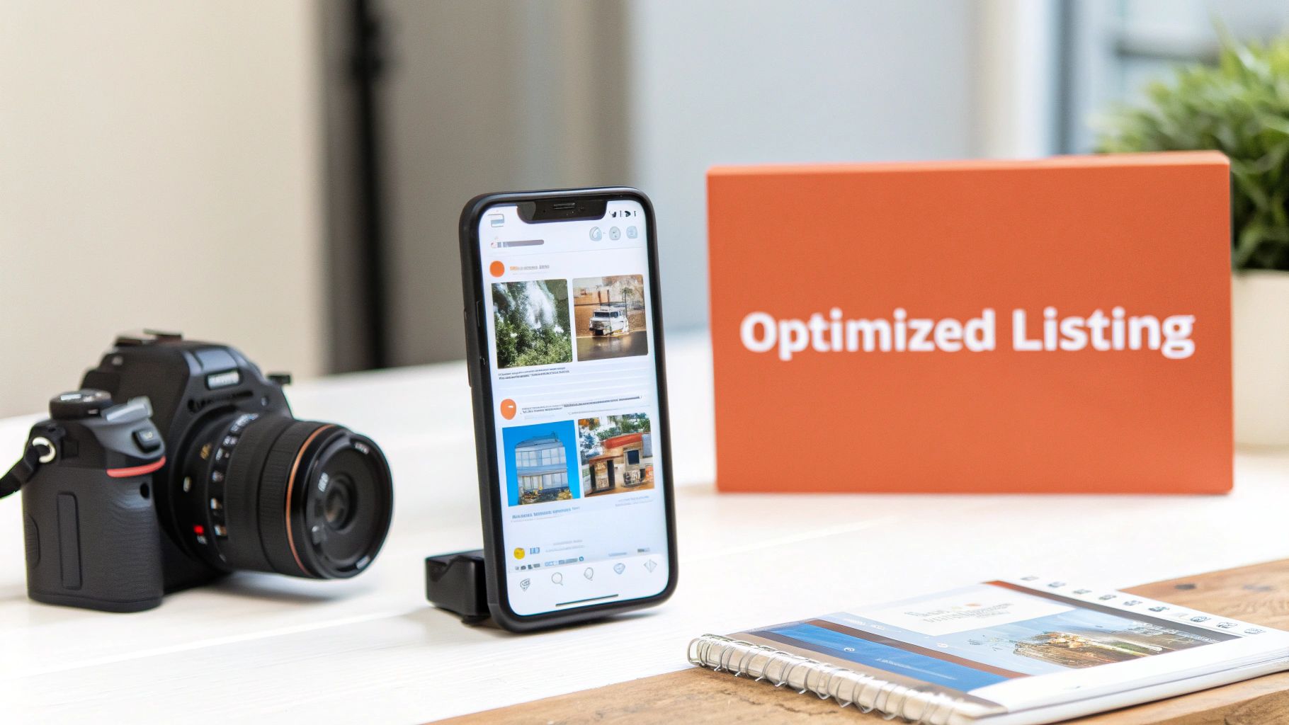 A camera, smartphone displaying property listings, and an 'Optimized Listing' box on a table.