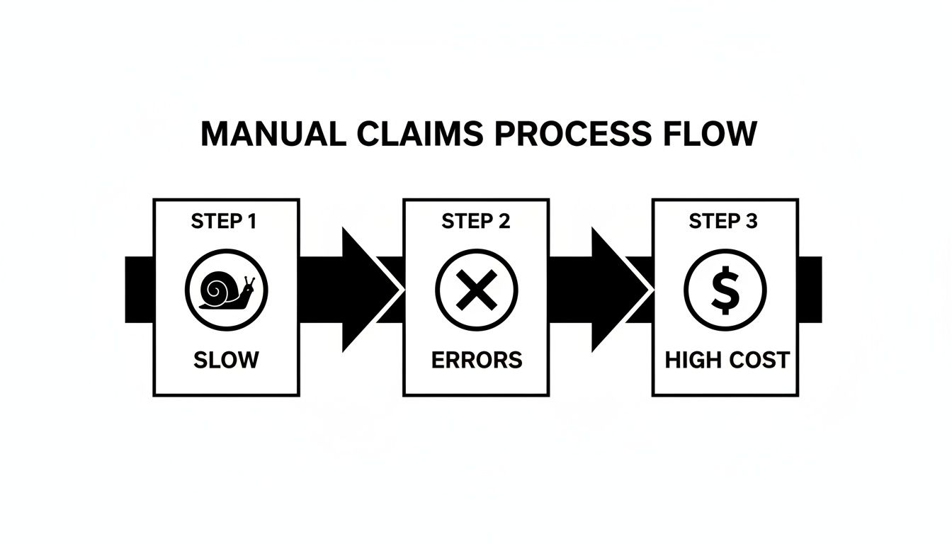 Diagram showing a manual claims process flow with three steps: slow, errors, and high cost.