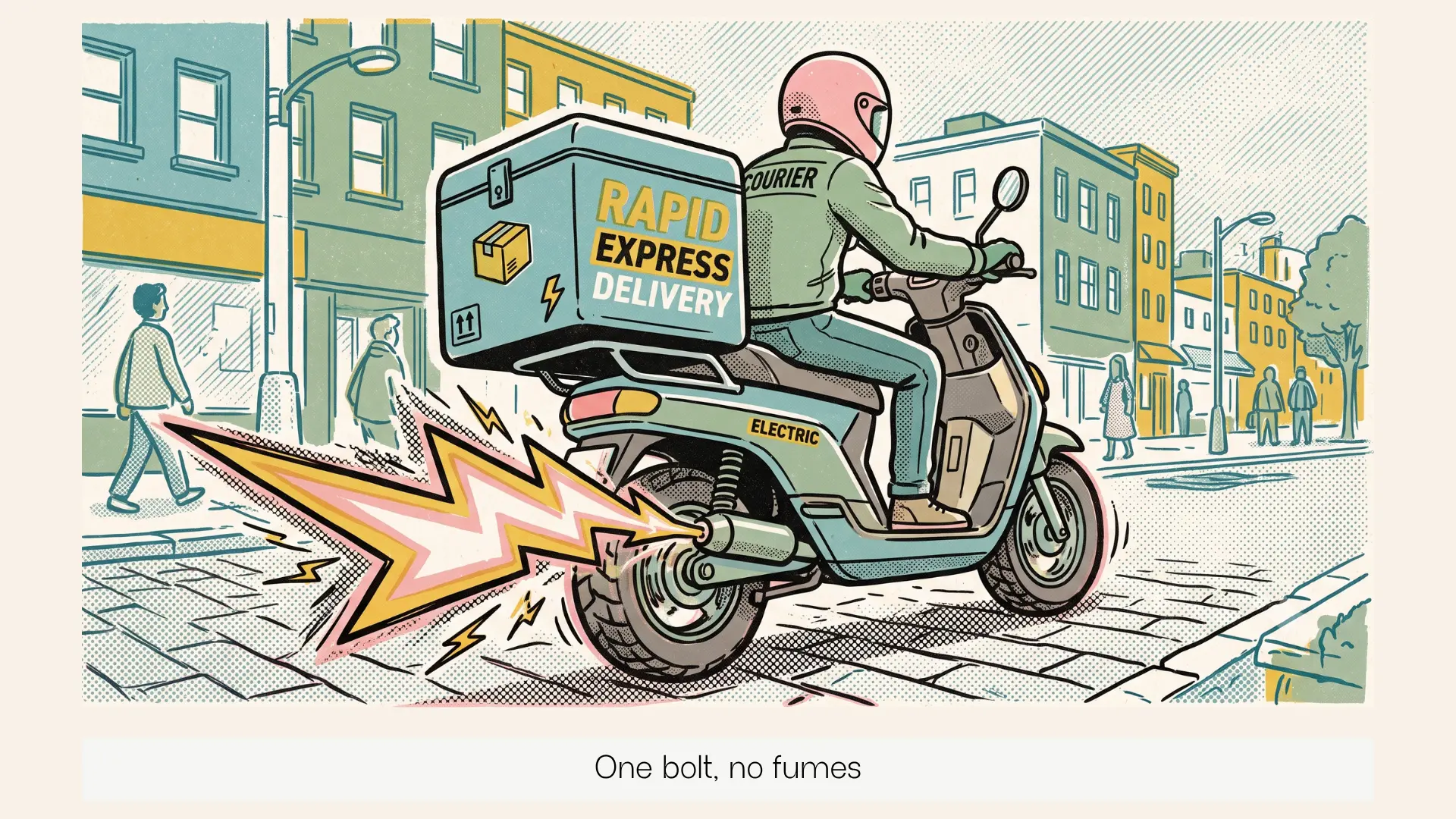 A delivery scooter with a lightning bolt where the exhaust pipe would be. Last-mile and electric in one familiar object.