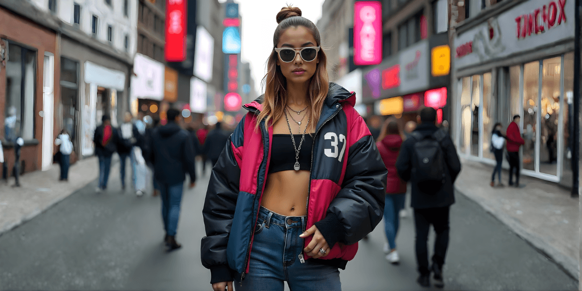 "Fashionable woman in a vibrant jacket and sunglasses standing confidently in a busy city street, reflecting modern urban style."