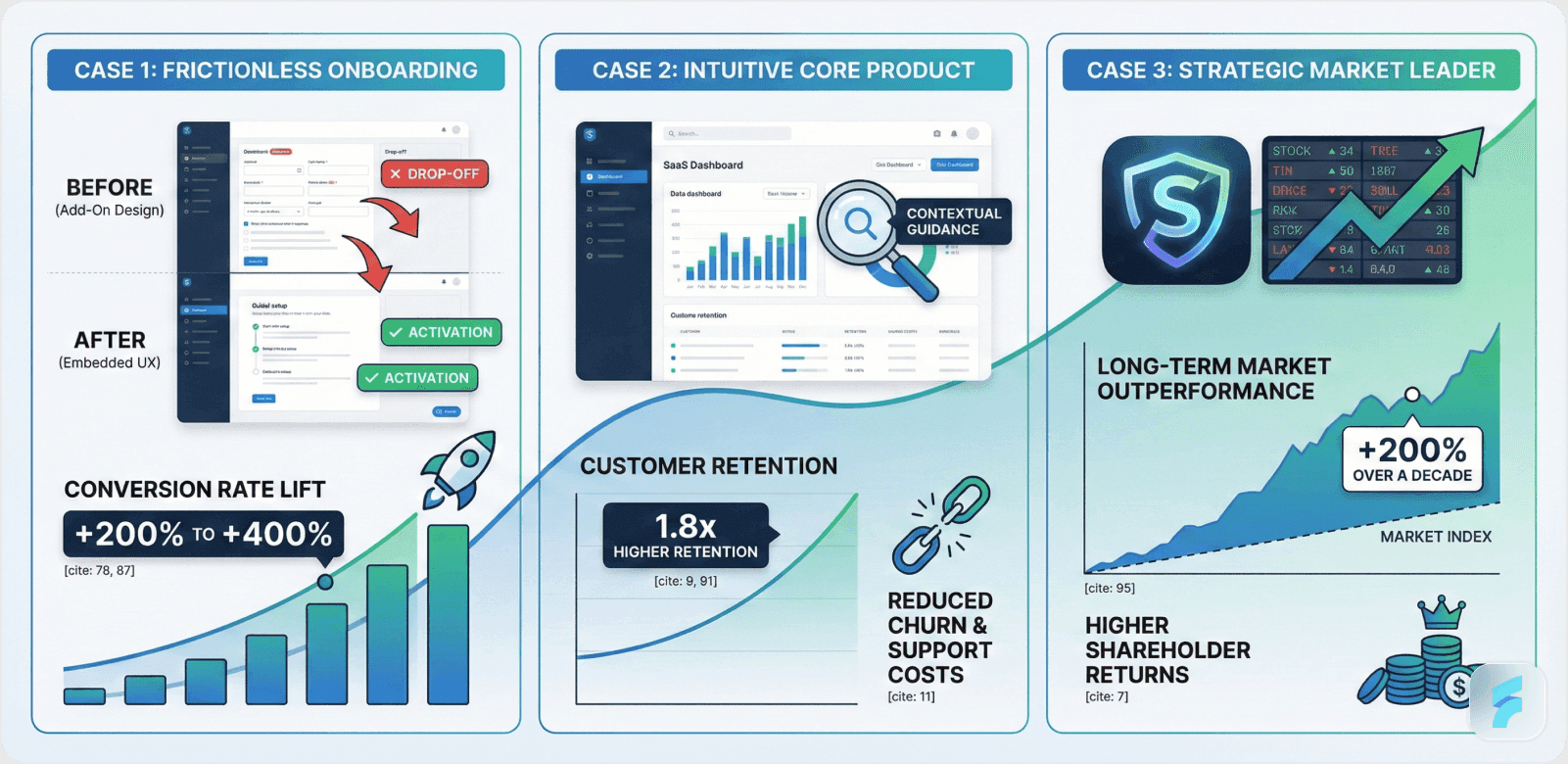 Side-by-side illustrations of Airbnb, Stripe, and Dropbox, showcasing their design-first approach leading to exponential growth and market success.