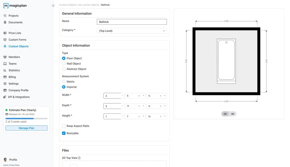 magic plan custom object editor with dimensions and layout controls for precise modeling
