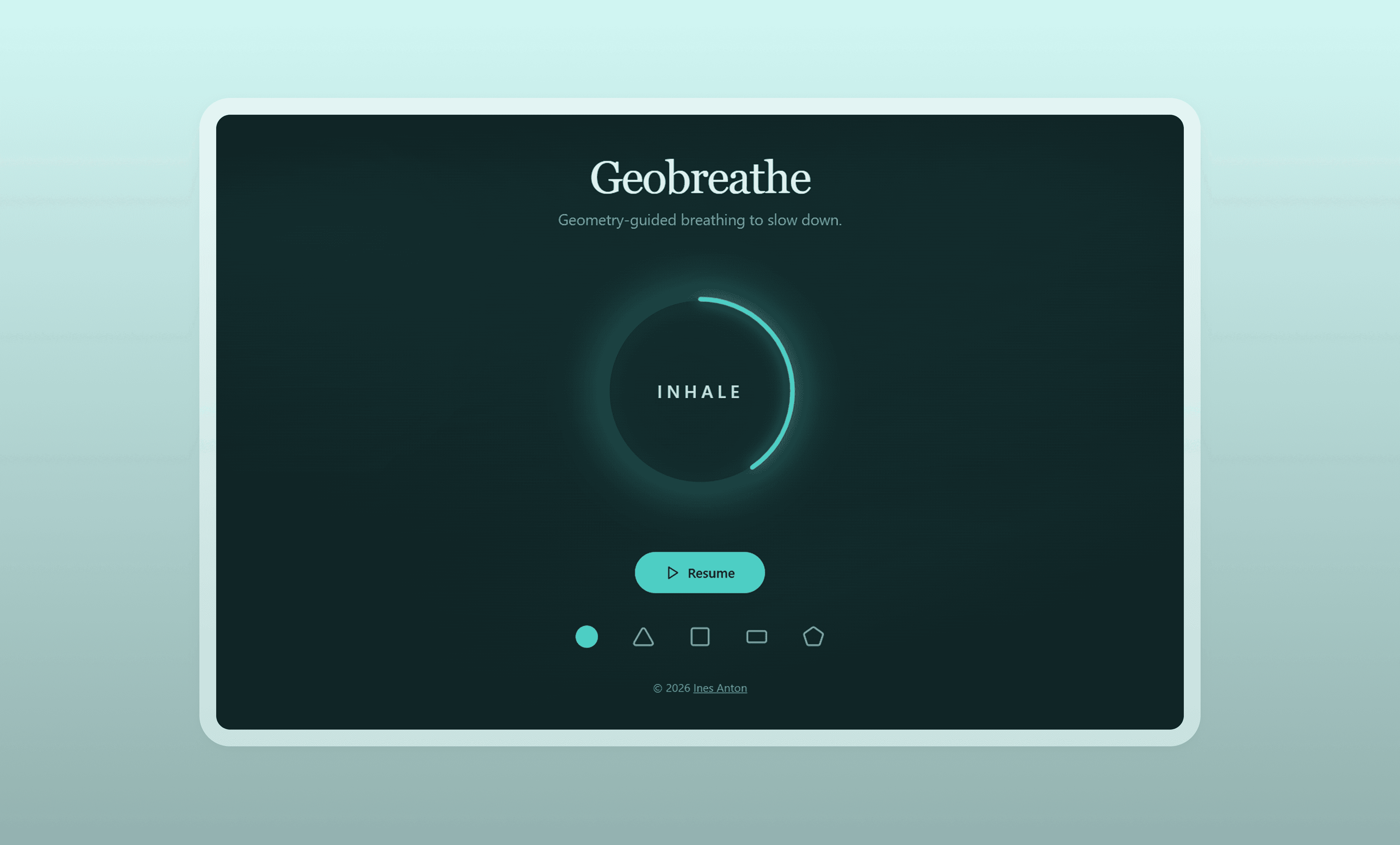 Geobreathe breathing app interface displayed on a desktop screen, featuring a dark gradient background with a glowing circular animation labeled “Inhale” at the center, a “Resume” button below, and selectable geometric shape icons for different breathing patterns.