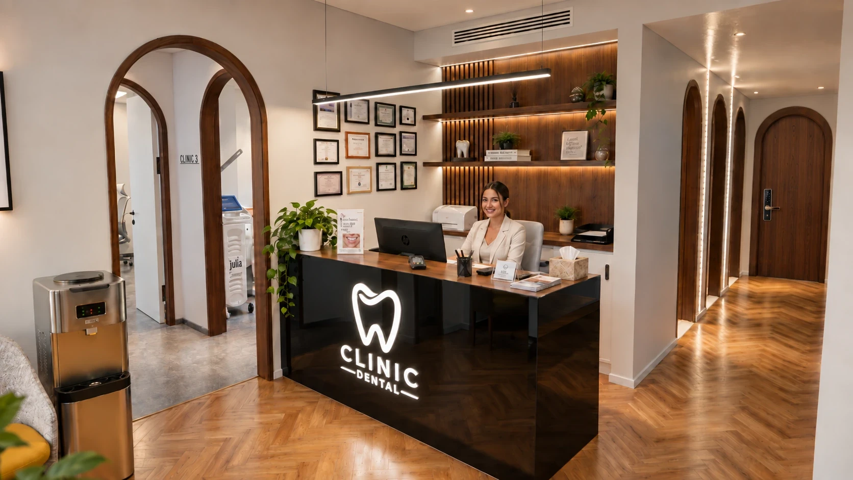 Reception render with a staffed counter, wooden doors and arched openings — Dentist Clinic, Cairo, Arc In Space