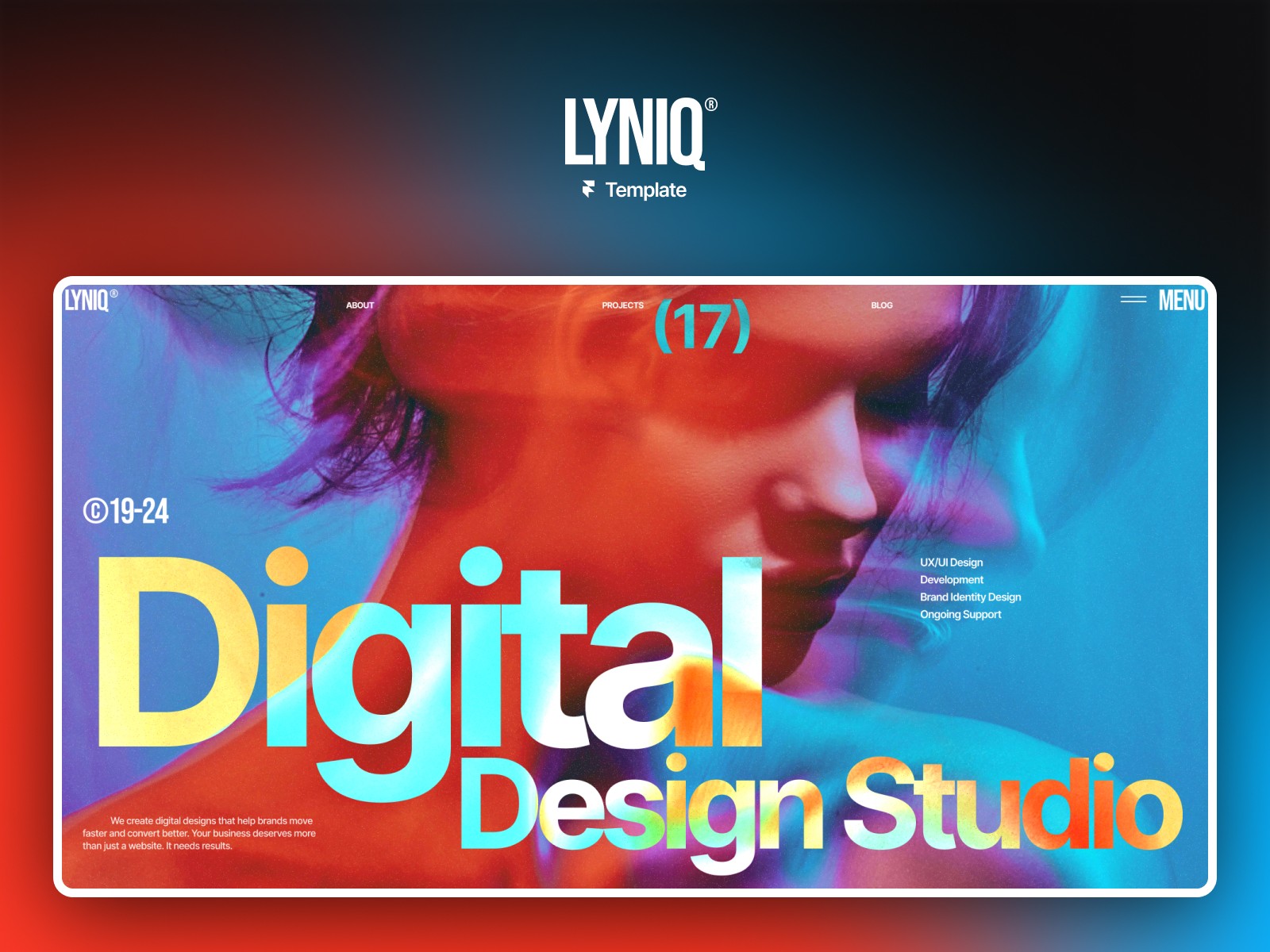 Lyniq Framer template preview featuring a visual-first agency design with portfolio showcase