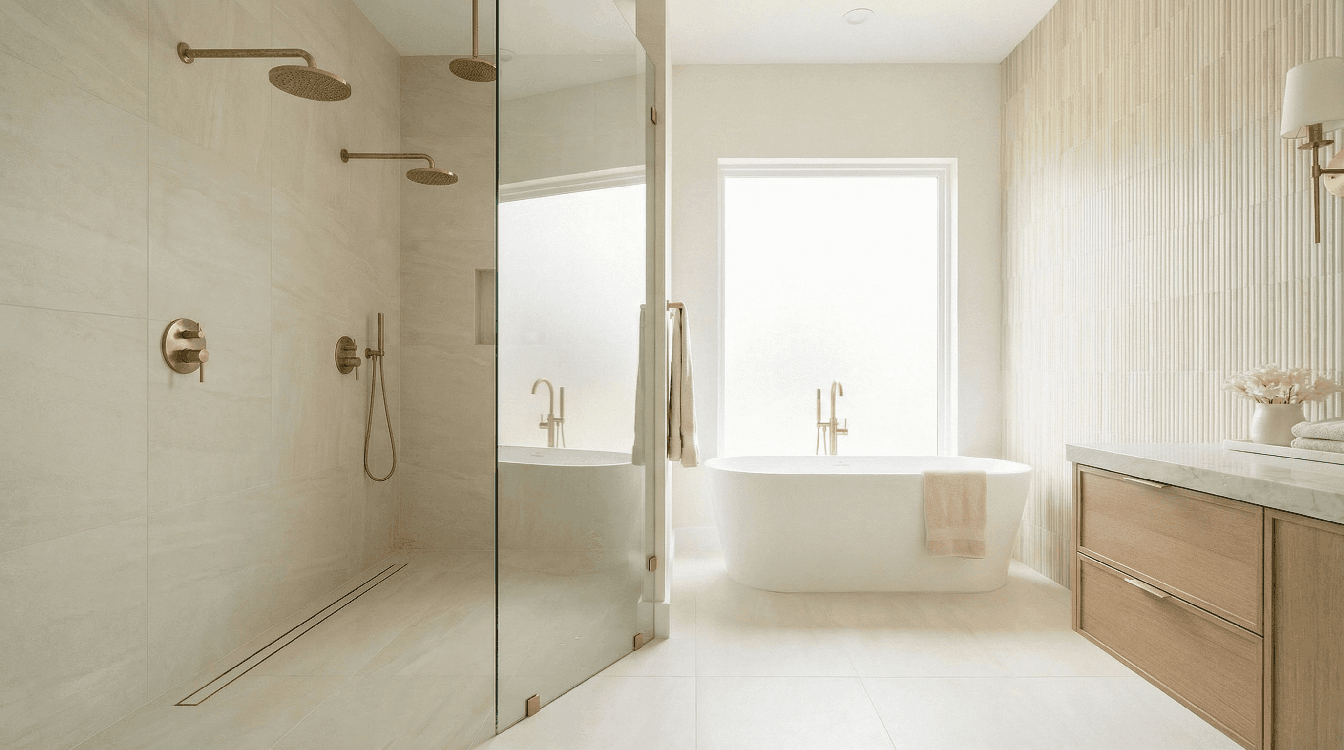 A luxurious wet room in a Tampa home, featuring a freestanding soaking tub and dual rain shower heads enclosed behind a seamless glass partition, with large-format cream porcelain tile and brushed brass fixtures.
