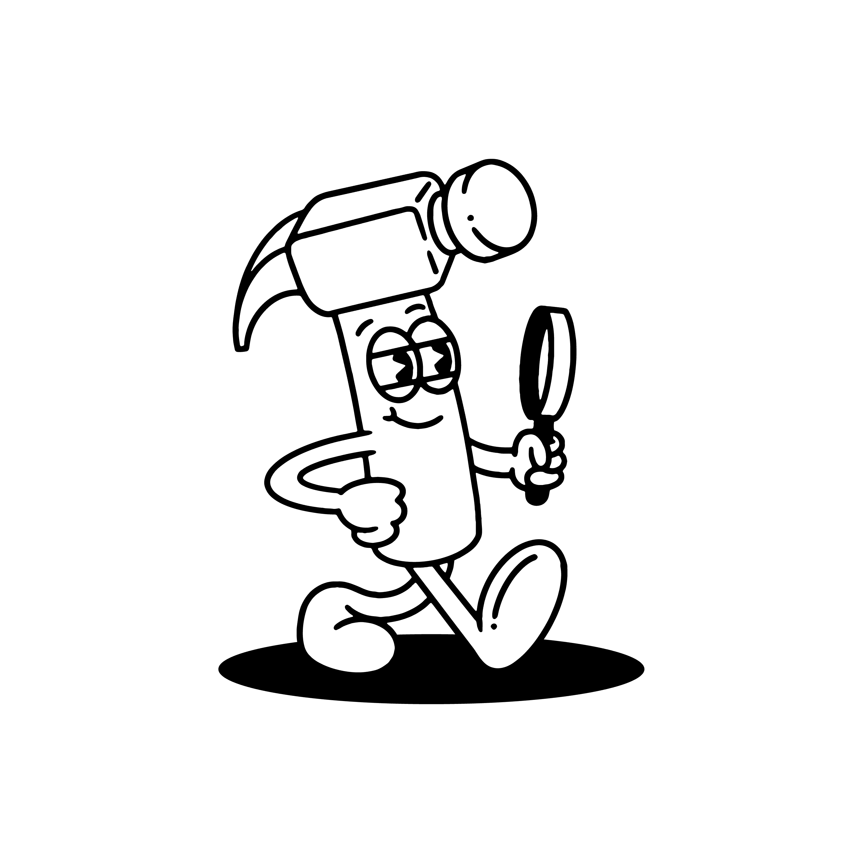 Cute line illustration of a happer with legs, arms and a face carrying a magnifying glass