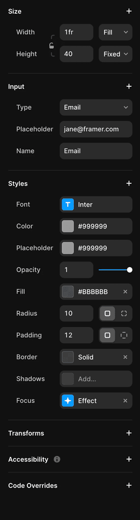 Input settings UI in Framer