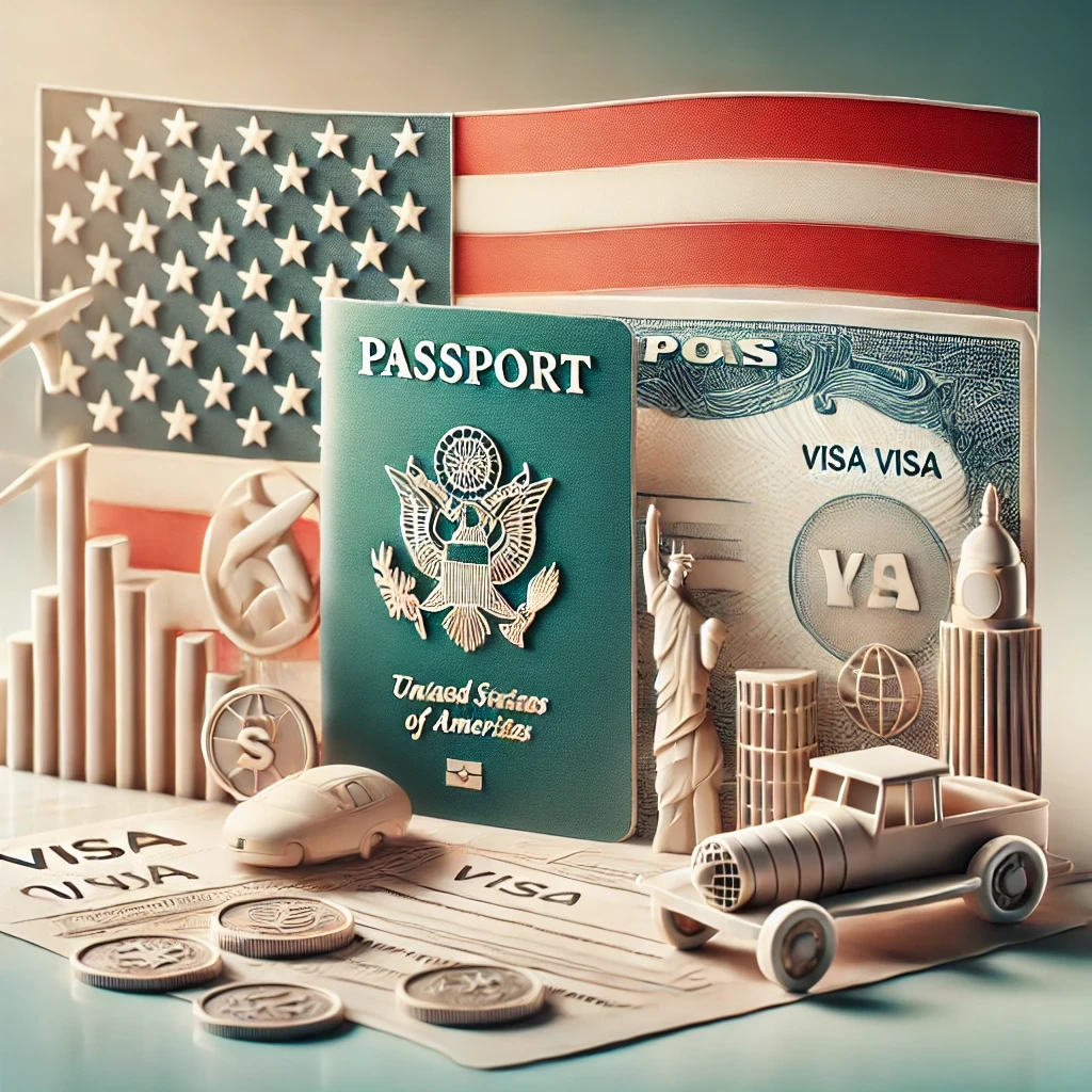Symbols of American immigration process with an American flag, visa stamp, and personal document icons.