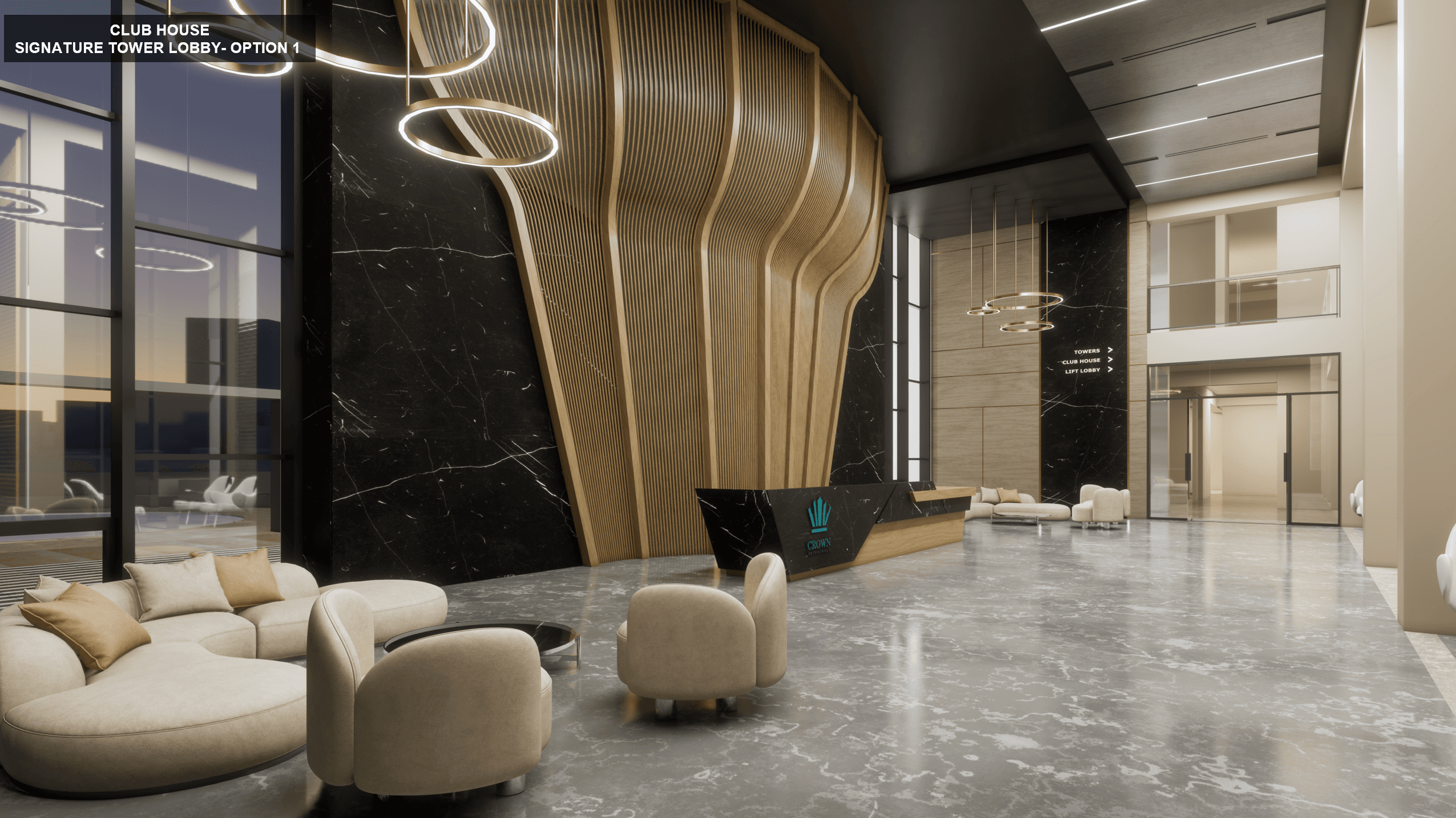 White house with green pergola on stone wall against blue sky.