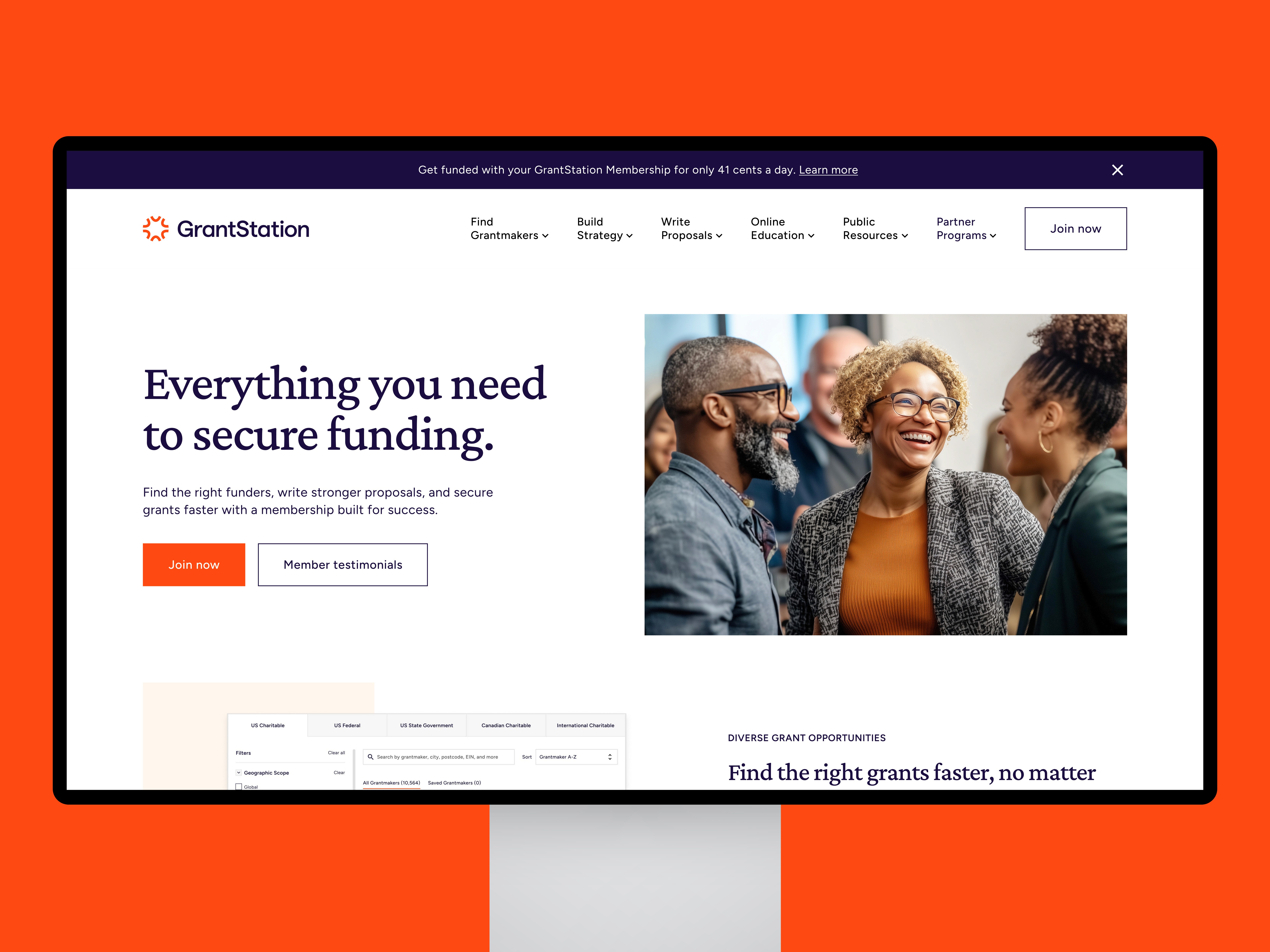 GrantStation landing page communicating platform value and guiding organizations toward funding discovery and membership.