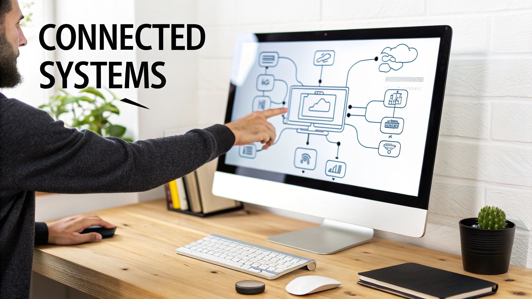 A man points at a computer screen displaying a connected systems diagram, with 'CONNECTED SYSTEMS' text.