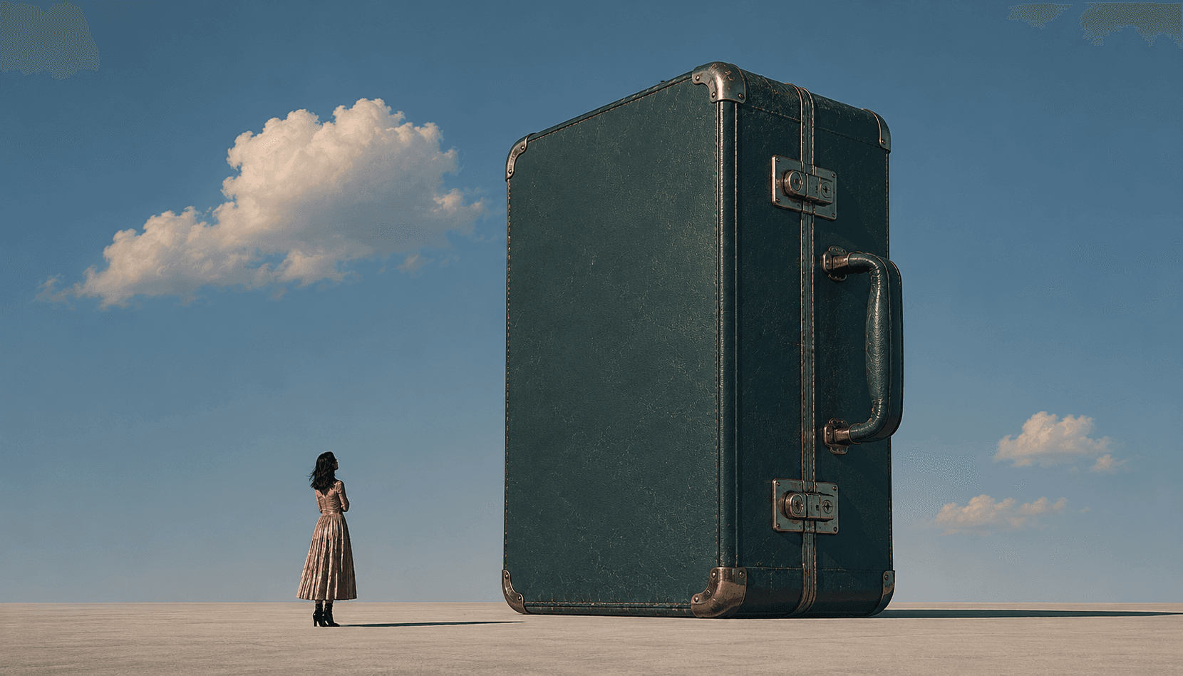 Woman looking at a giant suitcase