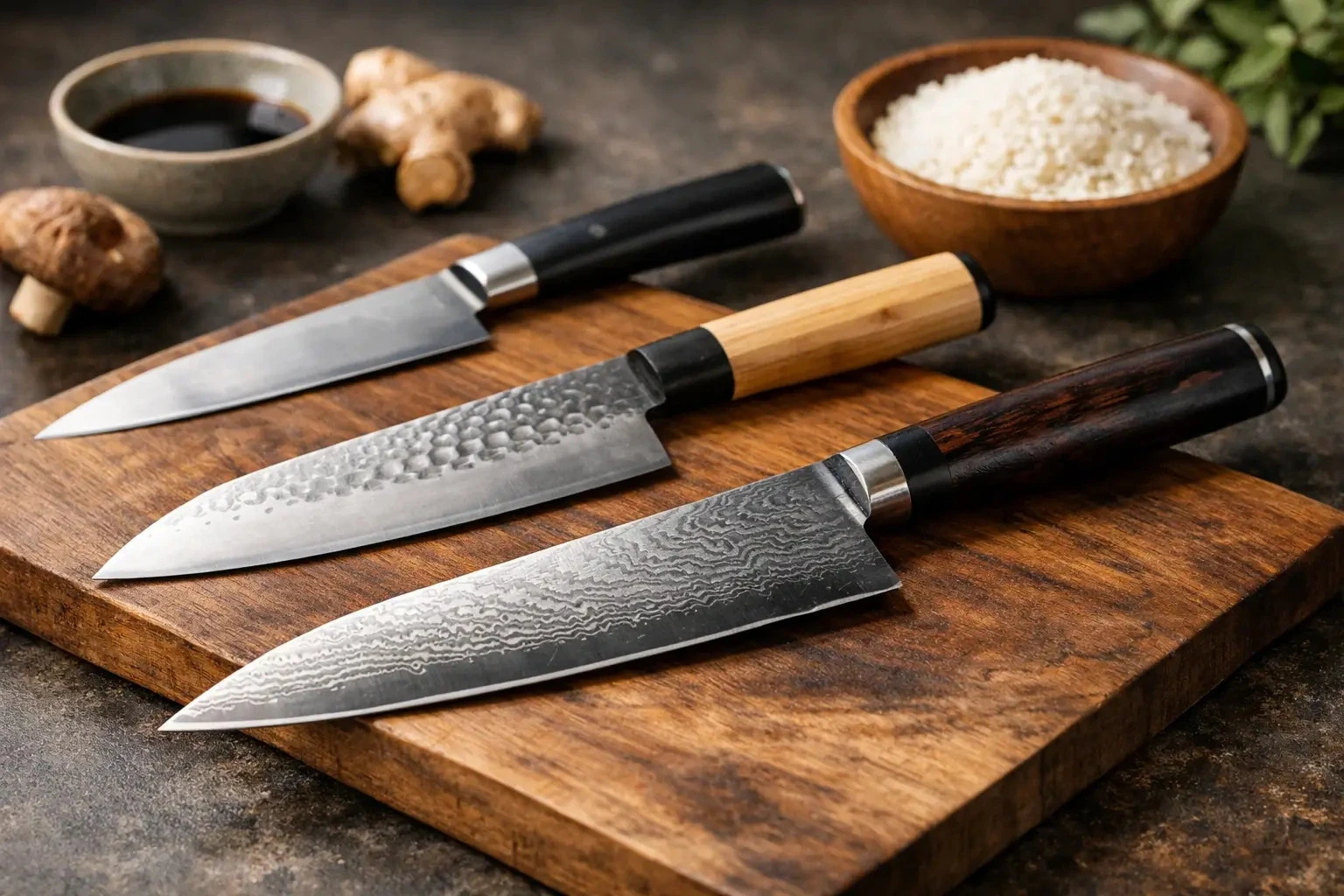 shimeru knives laying on a wooden chopping board