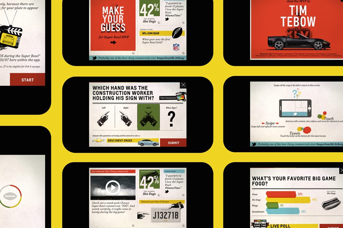 Chevy Game Time Super Bowl app screen composite on a yellow and black grid layout, showing multiple interactive screens including an MVP prediction ("Make Your Guess"), a commercial trivia question about which hand a construction worker used, a live poll for favorite game-day foods, a social Twitter ticker, and an MVP reveal card showing Tim Tebow.