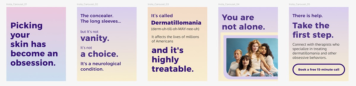 Final five Instagram carousel slides showing the complete emotional narrative arc from behavioral hook through stigma reframing, condition naming, community imagery, and treatment call to action.