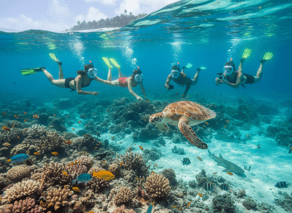 A group of divers is swimming around a turtle in the shallow waters of Fiji