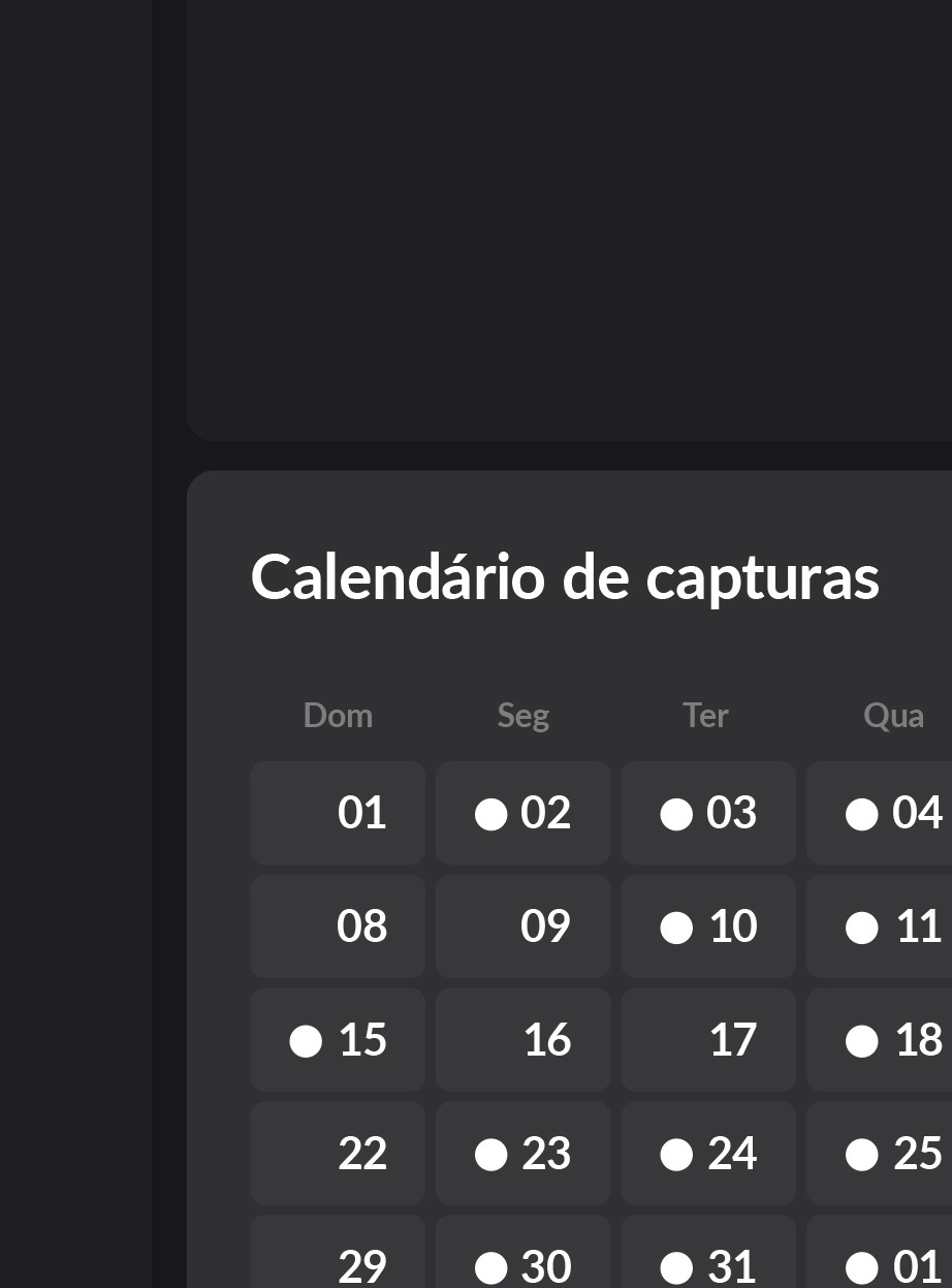 Interface da plataforma Visi exibindo um 'Calendário de capturas'. Os dias do mês são marcados com pontos brancos, indicando as datas em que foram realizadas sessões de Captura da Realidade, permitindo a navegação pelo histórico visual da obra.