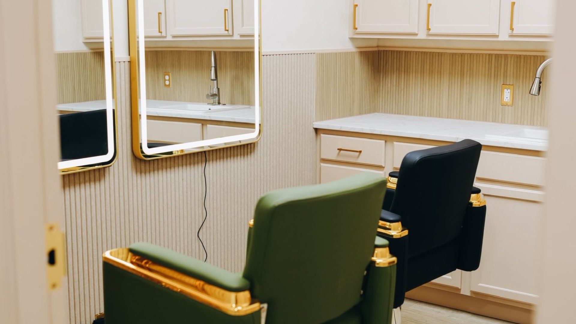 spa salon with black chairs