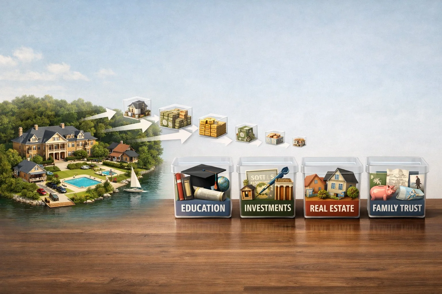 Large estate property visually shrinking into smaller asset boxes being placed into labeled containers, representing structured next-generation wealth planning.
