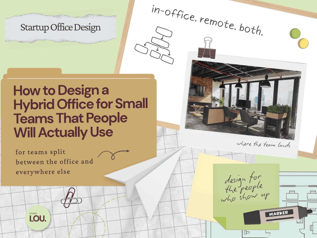 Papercraft-style blog header with a manila folder titled How to Design a Hybrid Office for Small Teams That People Will Actually Use, grid paper background, dry erase board with org chart doodle, polaroid photo of a modern open plan office with exposed brick and pendant lighting clipped with a binder clip, paper airplane, sage green sticky note, floor plan illustration, and marker.