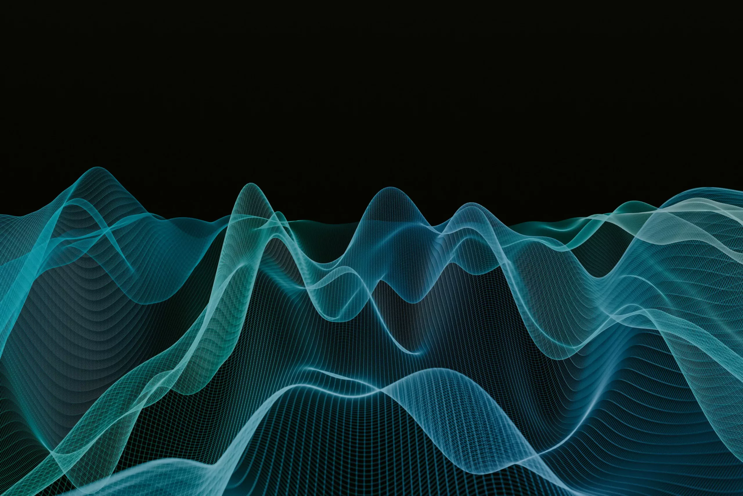 Blue and green digital waves with a grid pattern rise and fall against a black background, resembling sound waves