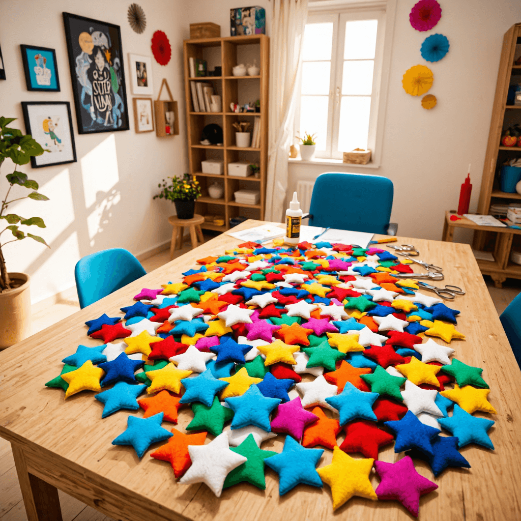 product photography of A pile of felt star shapes in various colors and sizes