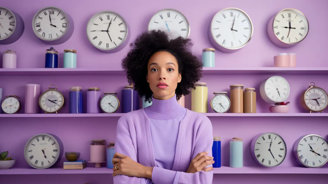 A young woman in a purple turtleneck stands in a room filled with clocks