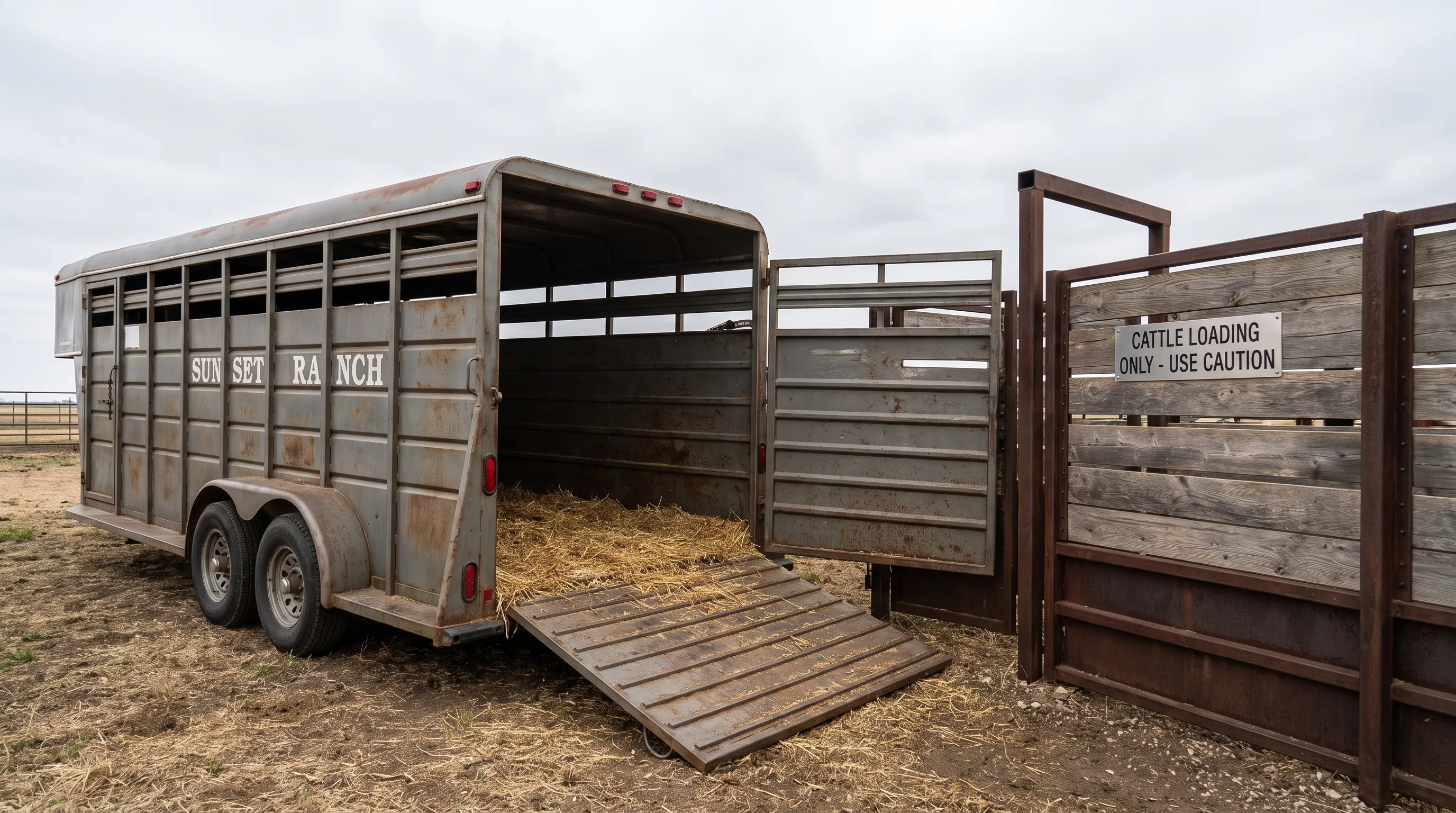 A gooseneck livestock trailer sits backed to a cattle loading chute with gates open and bedding in place before pickup.