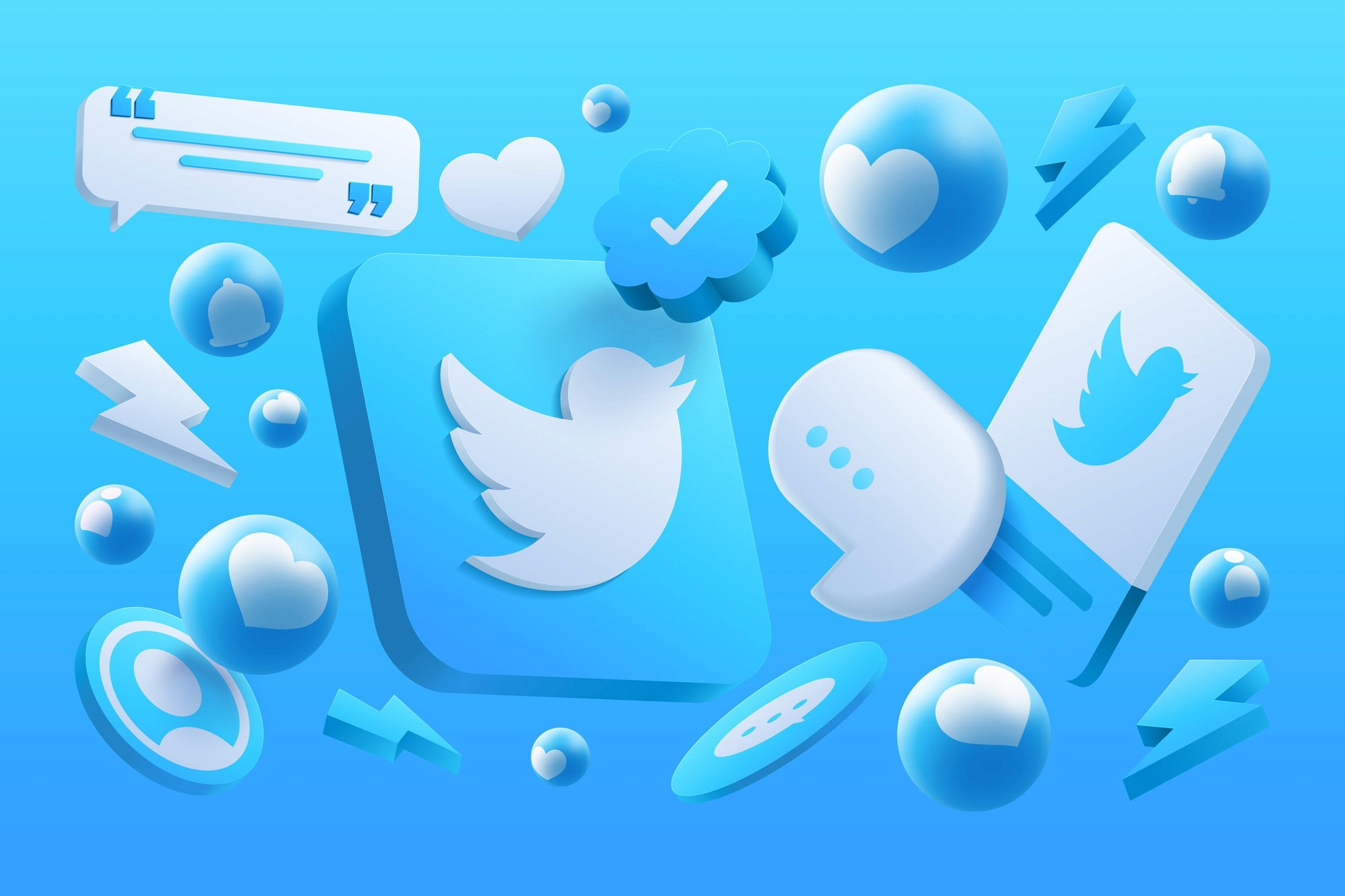 A blue background featuring various Twitter icons alongside additional social media icons.