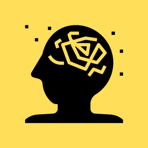 Profile of a head containing a black maze on a yellow background, symbolizing mental complexity.