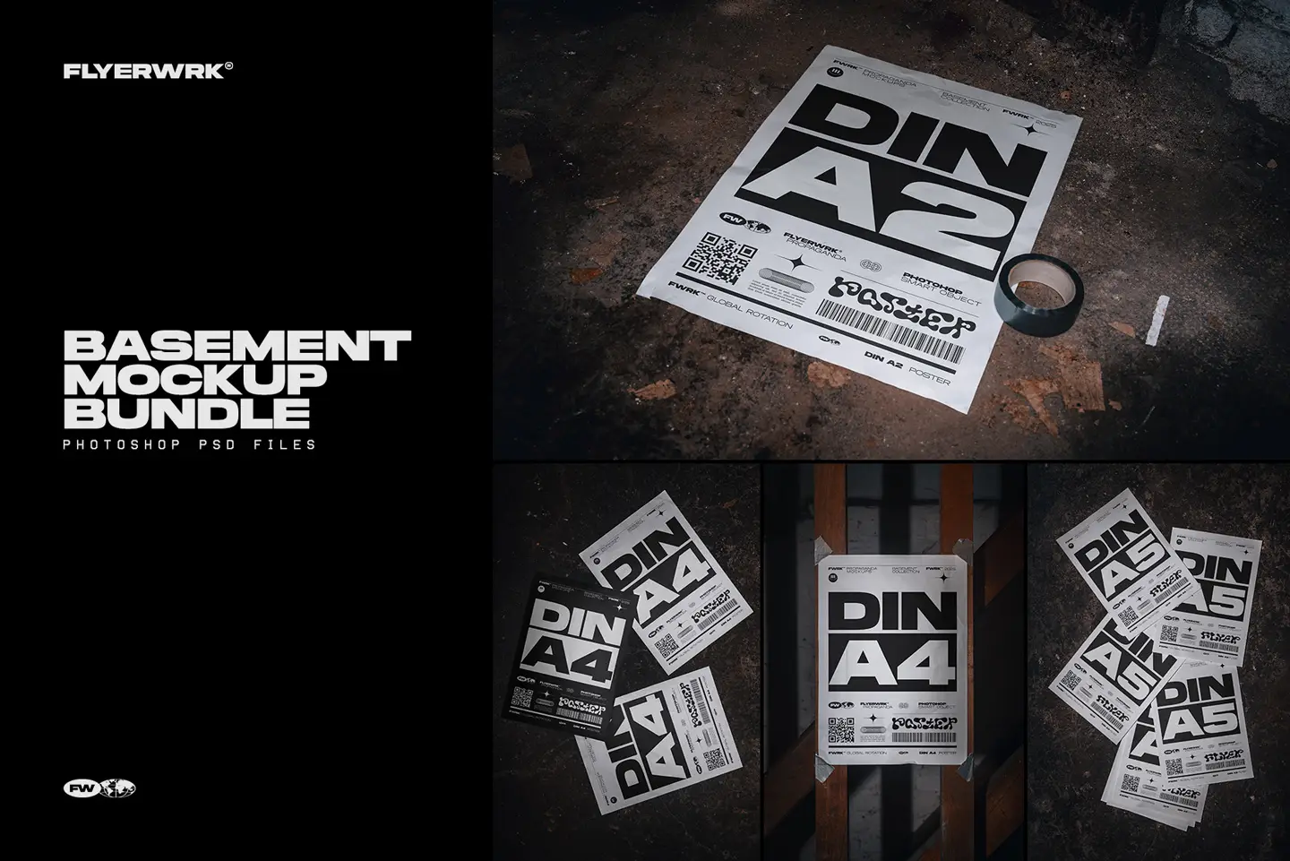 Basement poster mockup bundle showing gritty underground posters and flyer layouts