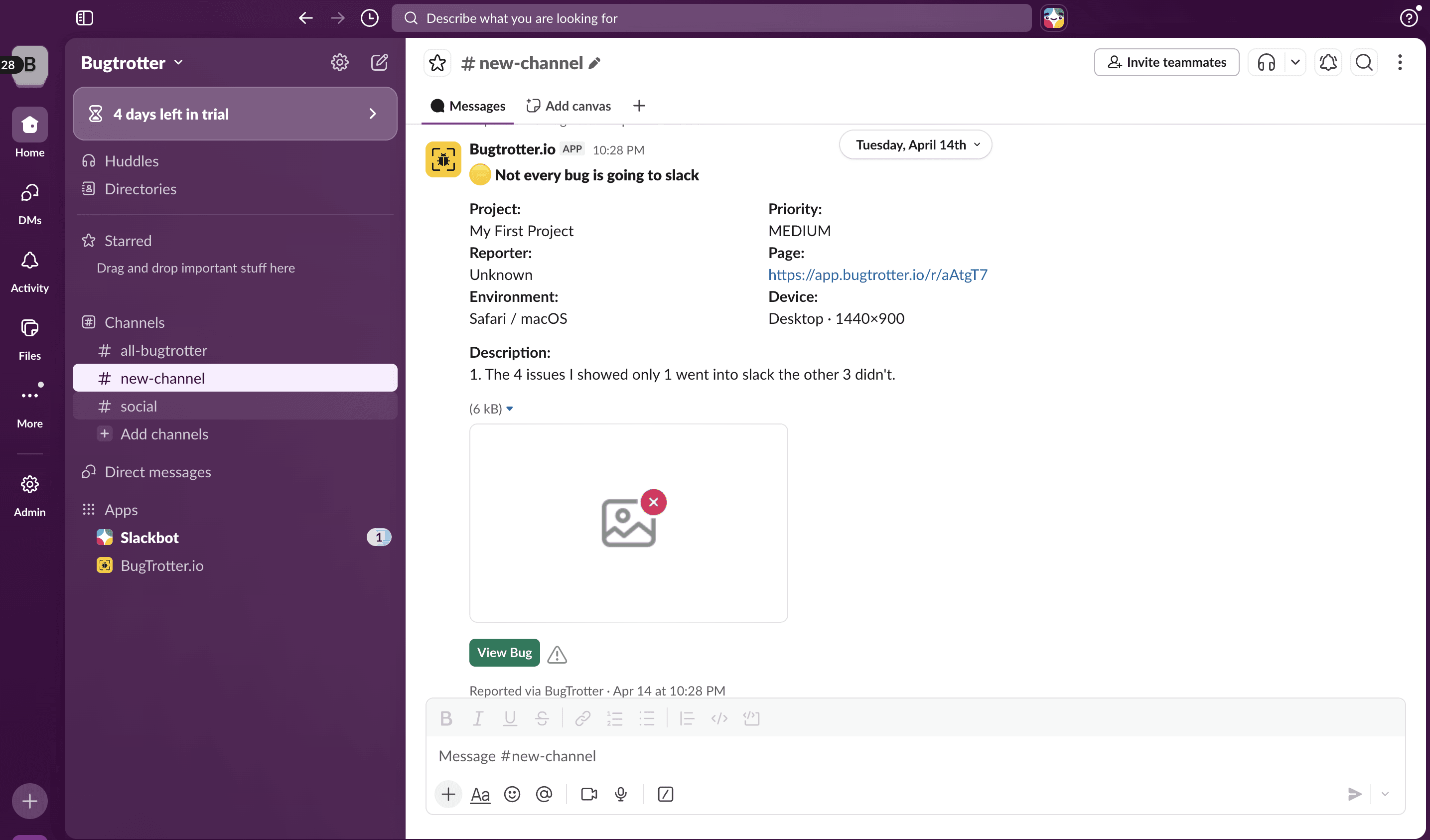 Screenshot of Slack channel showing bugtrotter bug report