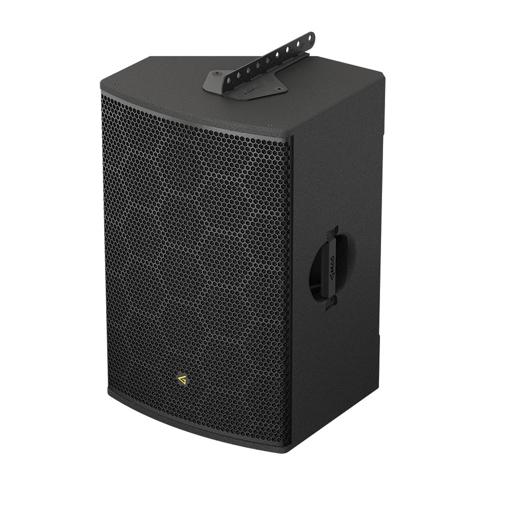Black speaker with a metal grill and mounting bracket.