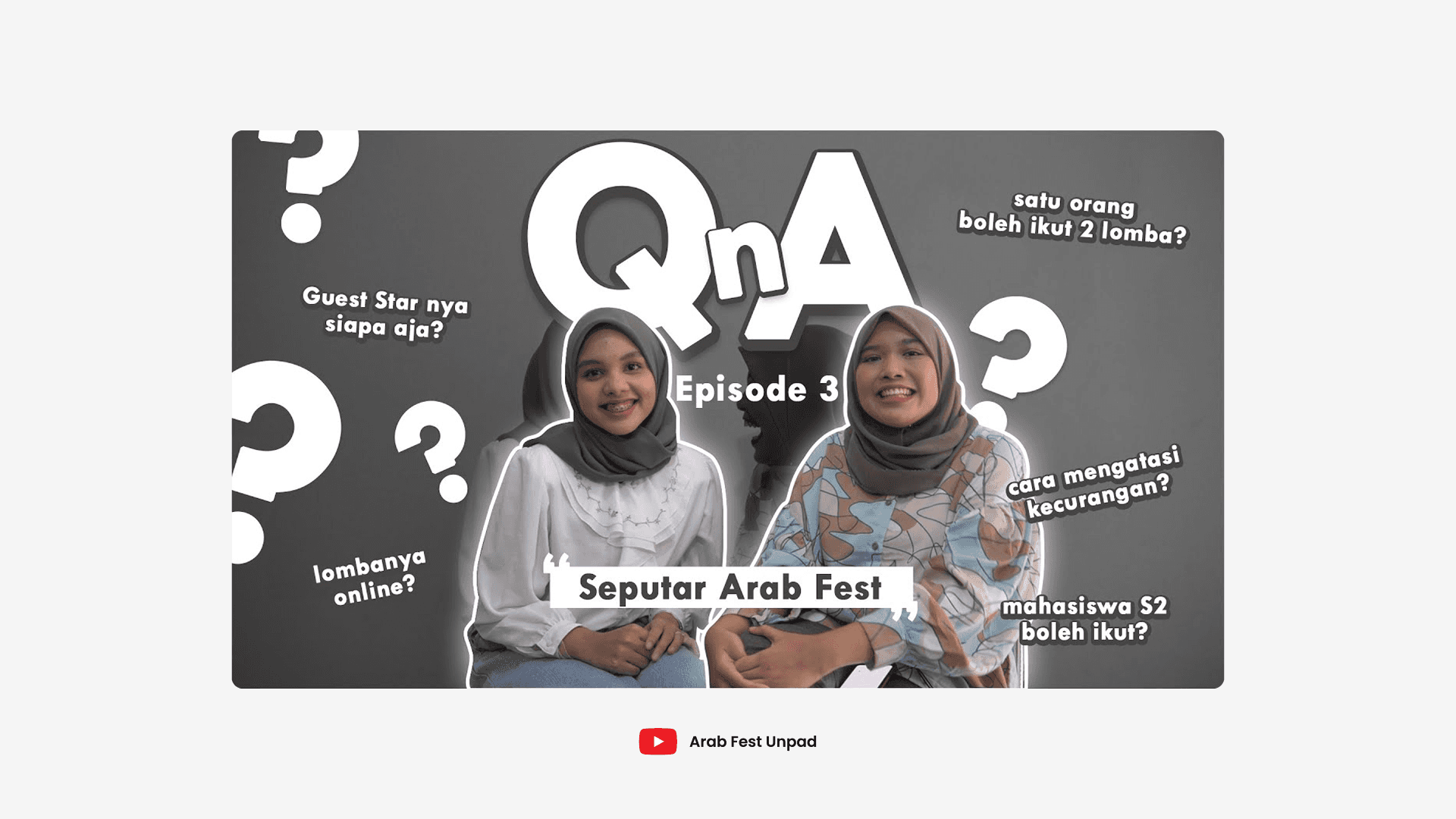 Two smiling women sit side by side against a gray background with bold text "QnA Episode 3" and various questions in Indonesian. The tone is informative and engaging.