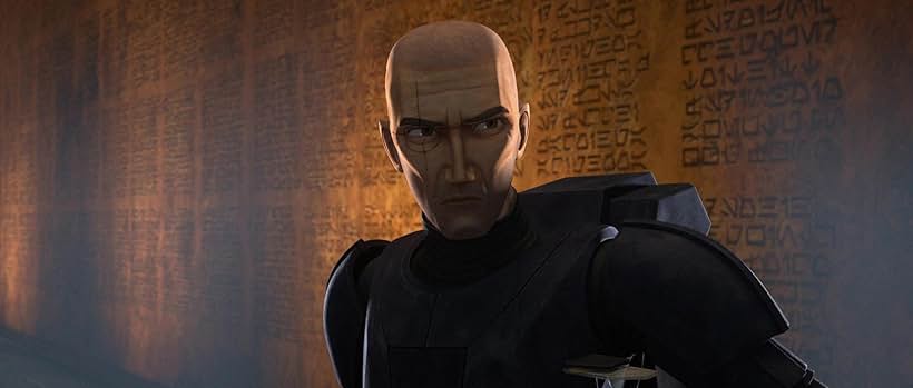 Crosshair in front of a memorial wall of names from The Clone Wars