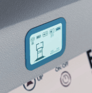 Close-up of the Elevate Glide LED display panel showing lift status icons alongside the up and on/off controls