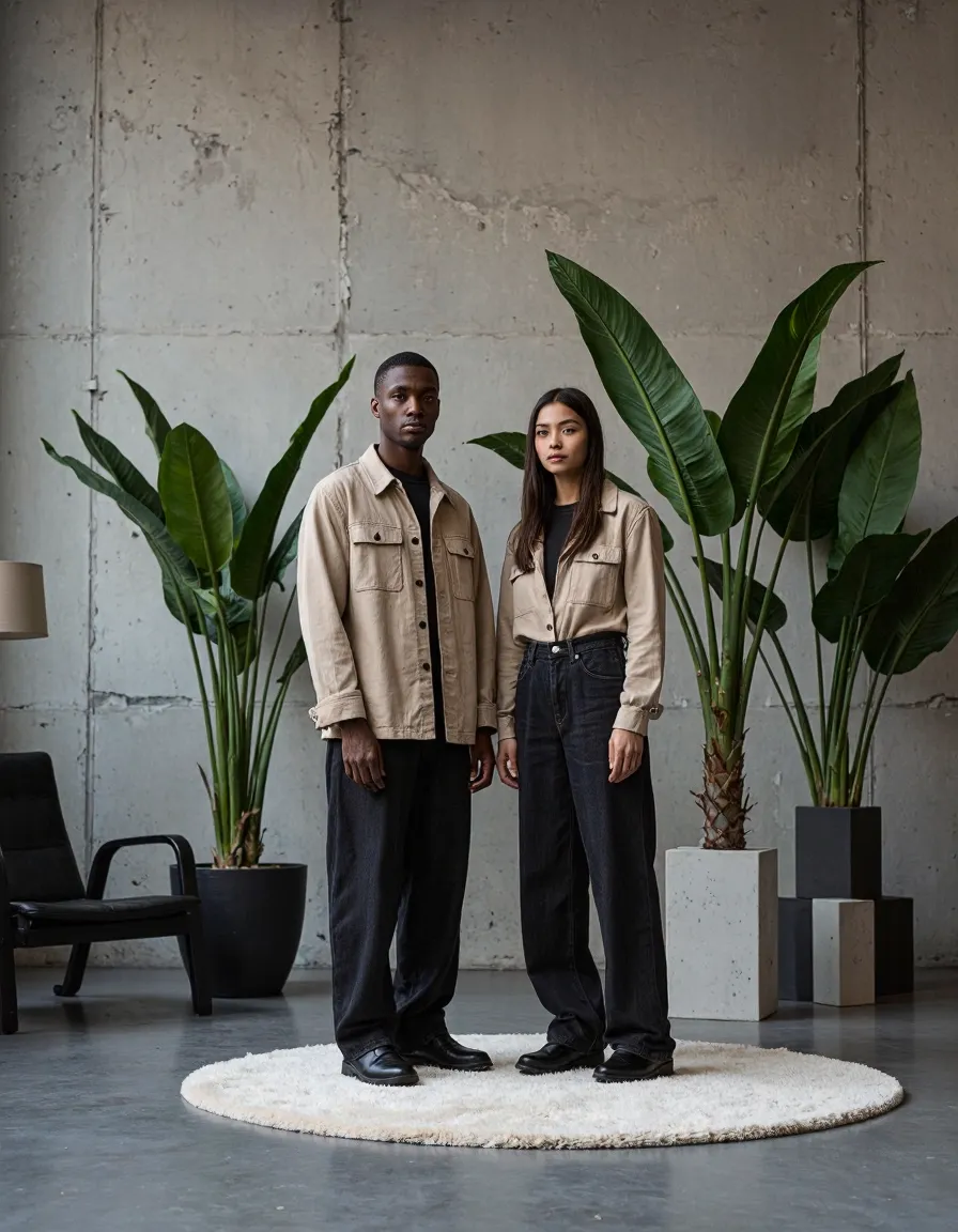 Two models in beige jackets and dark pants standing on white rug with tropical plants and concrete wall backdrop